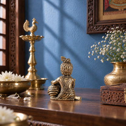 Brass Makhan Chor Krishna Murti with Matki (3 Inch)