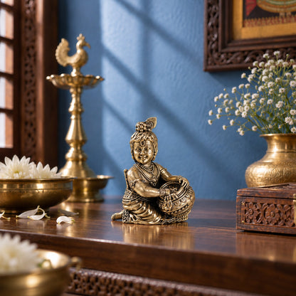 Brass Makhan Chor Krishna Murti with Matki (3 Inch)