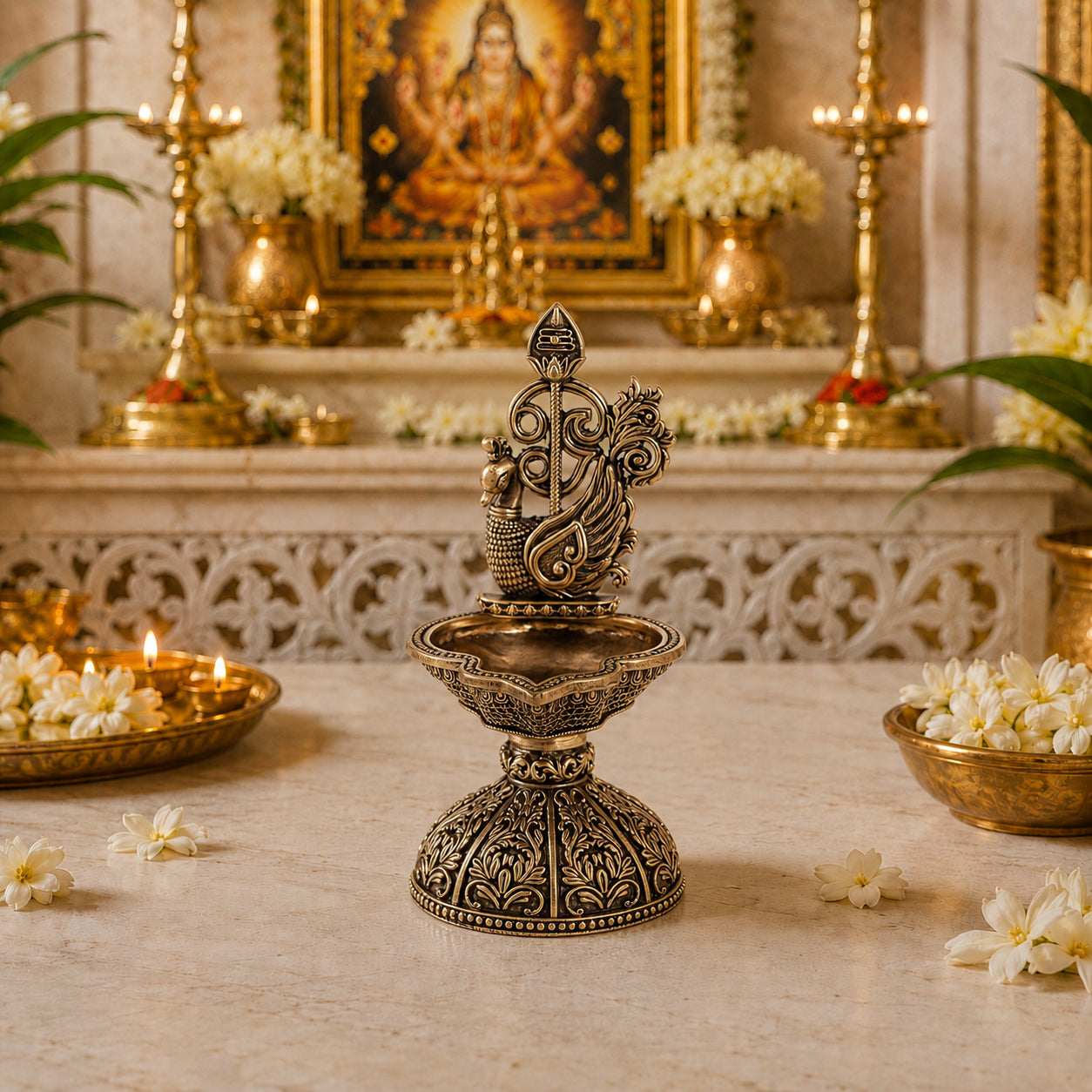 Brass Murugan Vel Diya with Peacock (6 Inch)