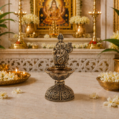 Brass Murugan Vel Diya with Peacock (6 Inch)
