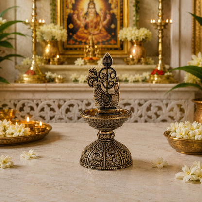Brass Murugan Vel Diya with Peacock (6 Inch)