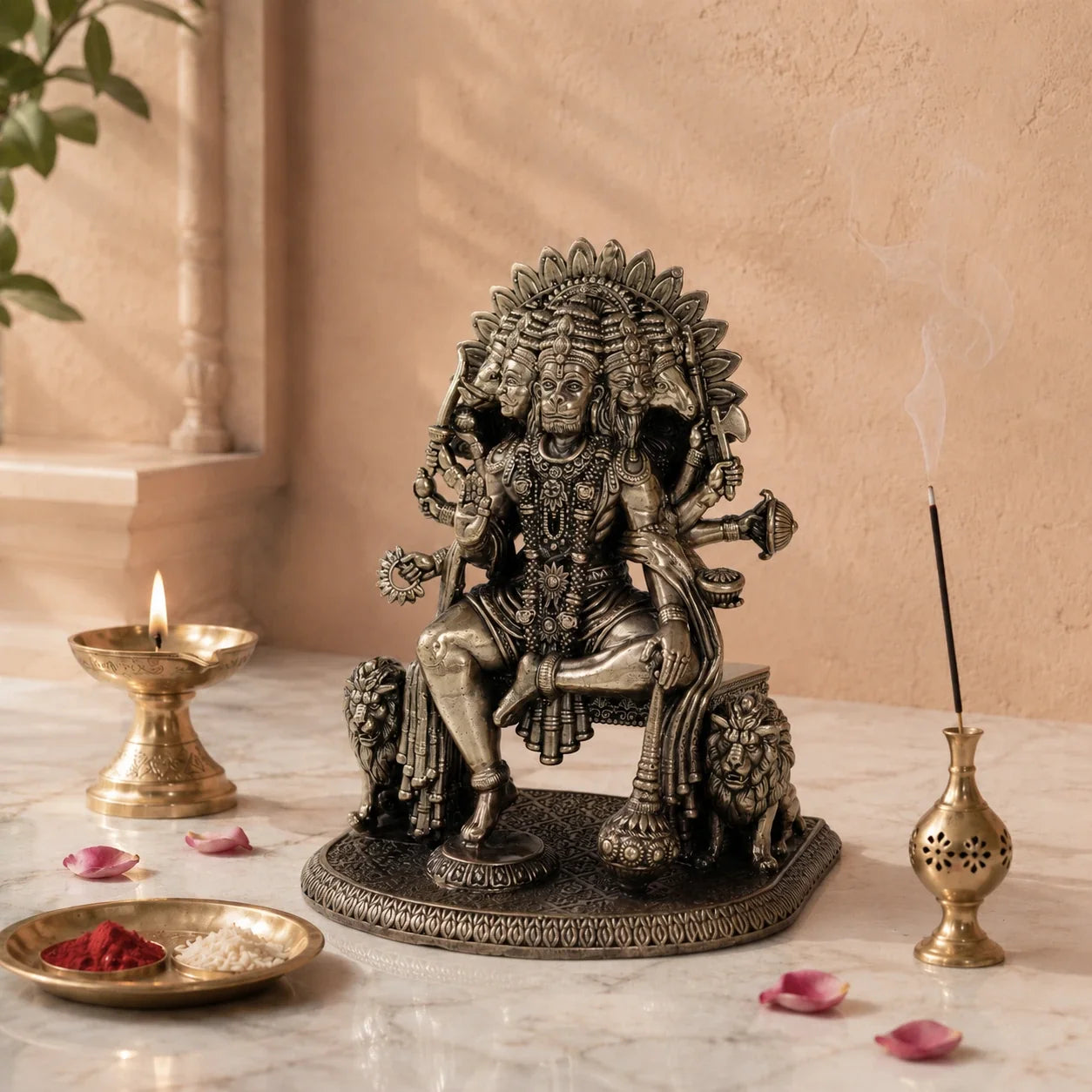 Brass Panchmukhi Hanuman Murti on Sinhasan (7.5 Inch)
