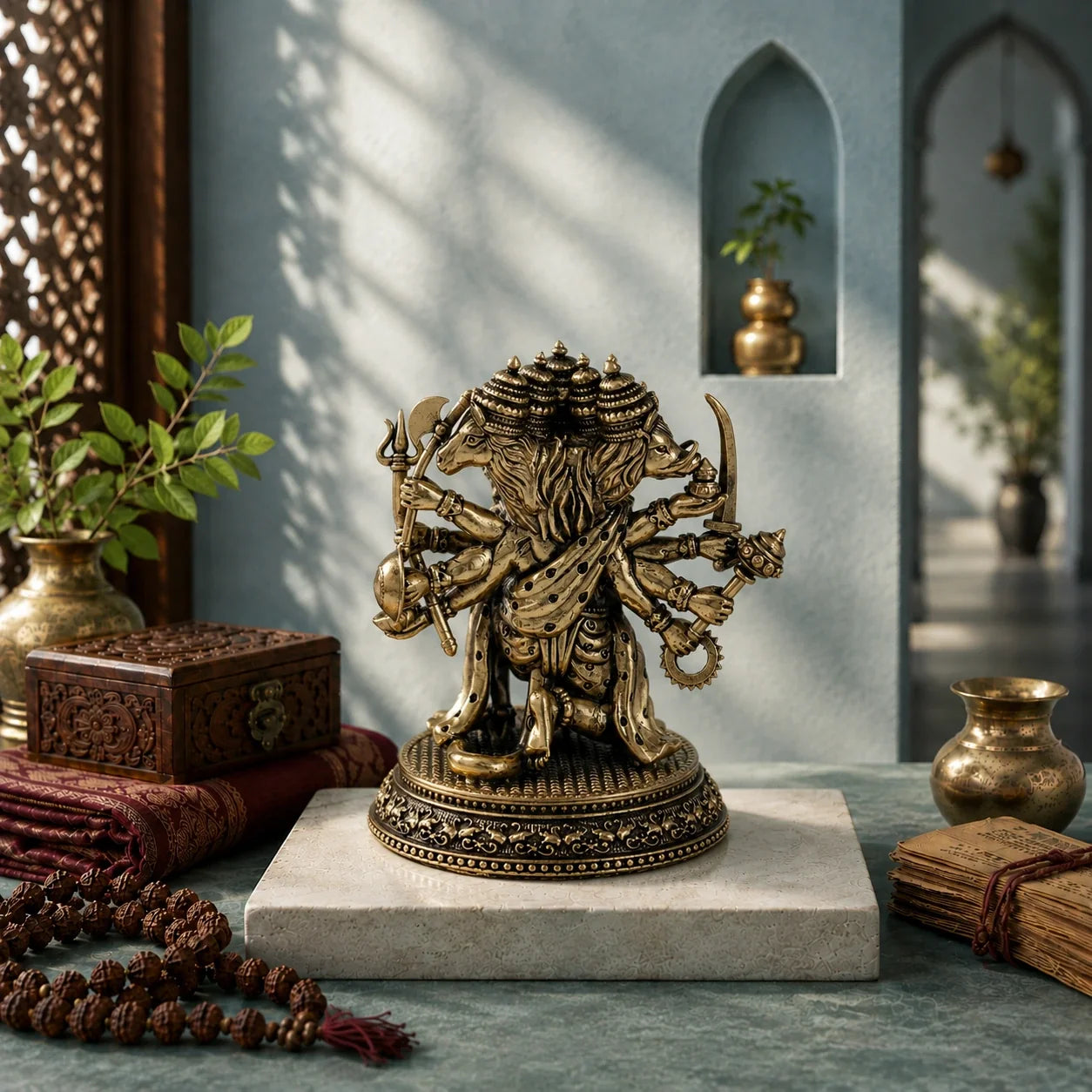 Brass Panchmukhi Hanuman Murti with Sacred Weapons (4.4 Inch)