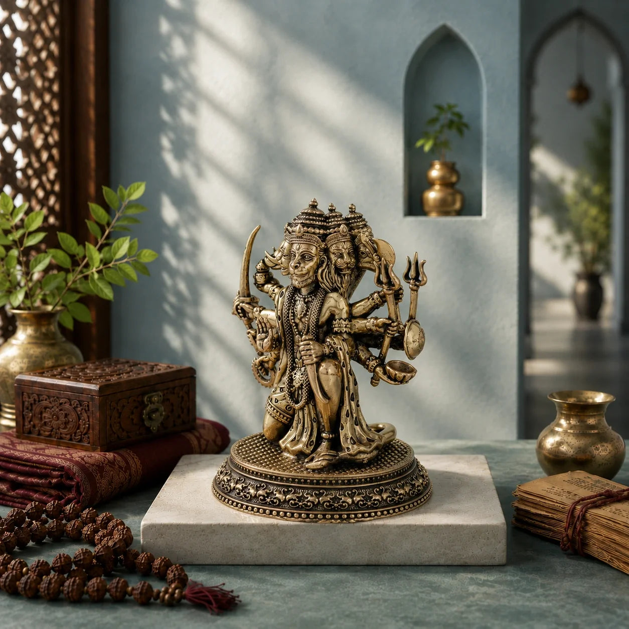 Brass Panchmukhi Hanuman Murti with Sacred Weapons (4.4 Inch)