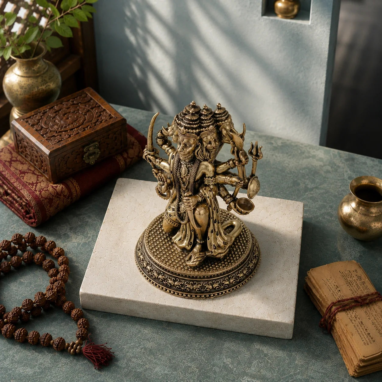 Brass Panchmukhi Hanuman Murti with Sacred Weapons (4.4 Inch)