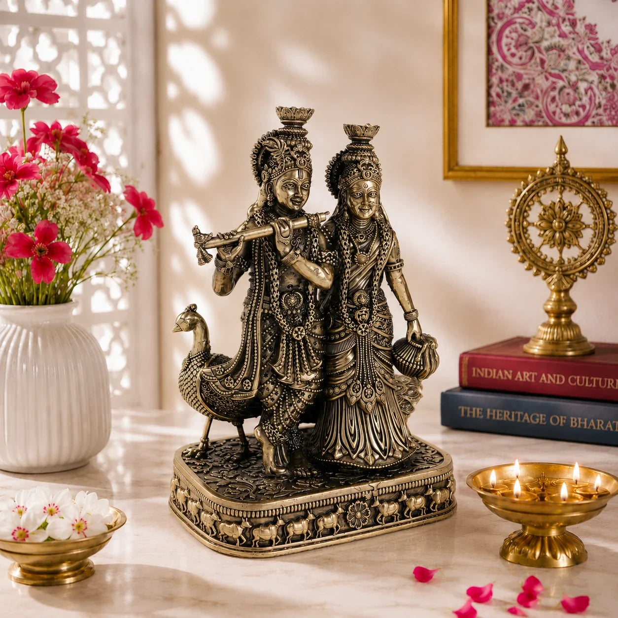 Brass Radha Krishna Murti with Peacock (8 Inch)