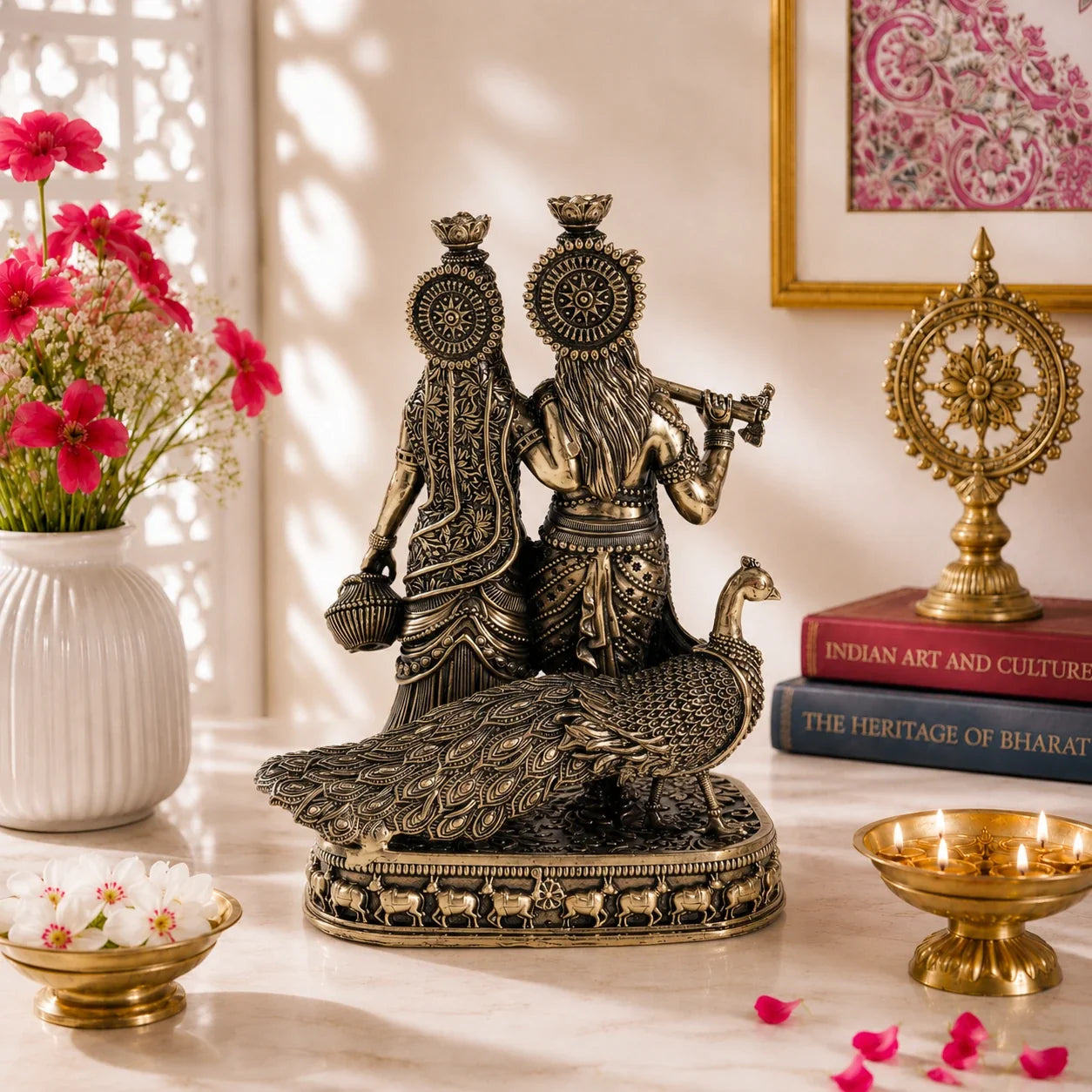 Brass Radha Krishna Murti with Peacock (8 Inch)