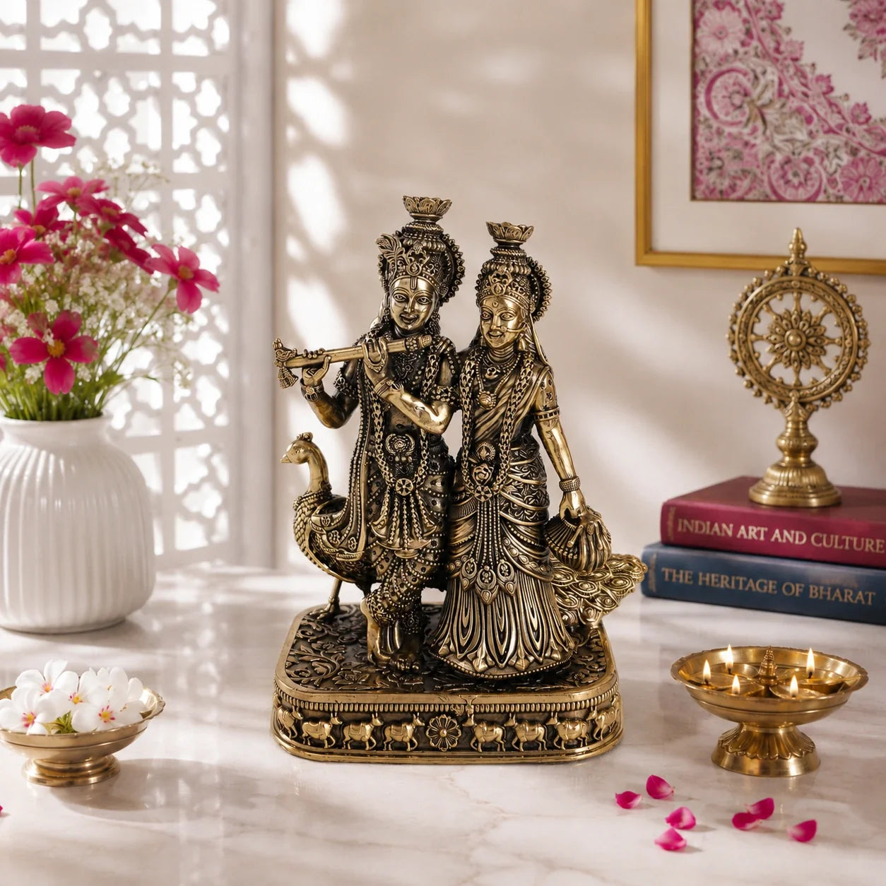 Brass Radha Krishna Murti with Peacock (8 Inch)