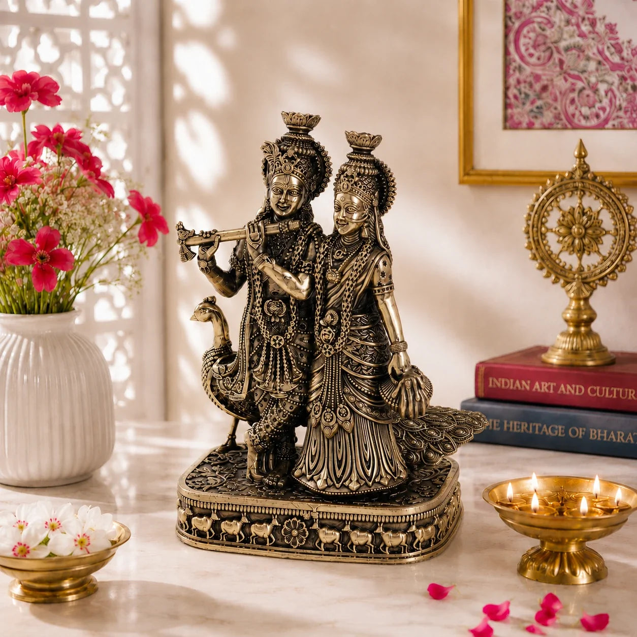 Brass Radha Krishna Murti with Peacock (8 Inch)