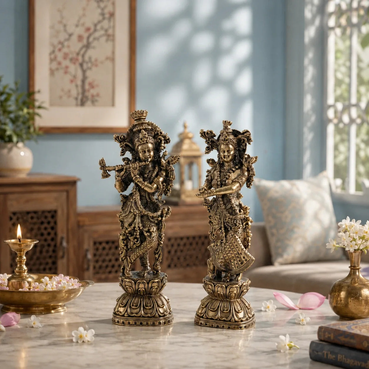 Brass Radha Krishna Standing Murti Pair (8 Inch)