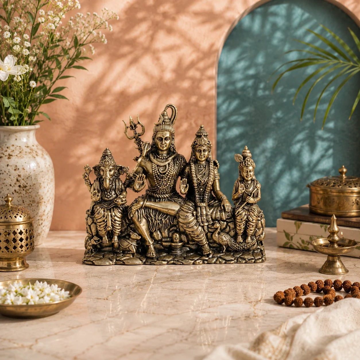 Brass Shiva Parivar Murti with Ganesha & Kartikeya (5.5 Inch)