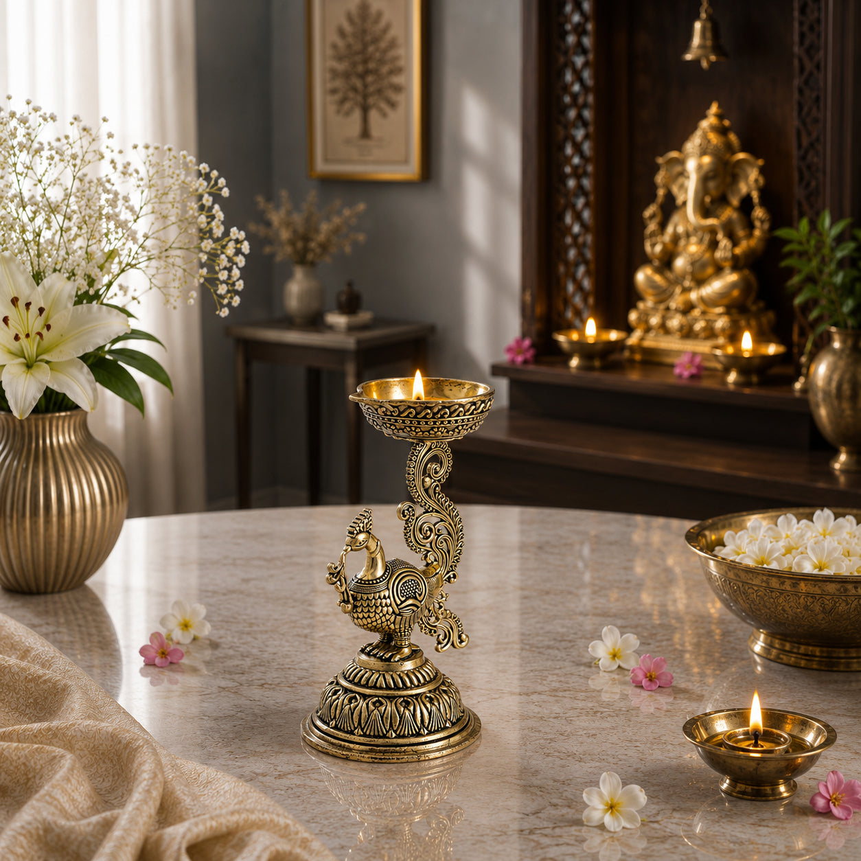 Brass Peacock Standing Diya (5 Inch)