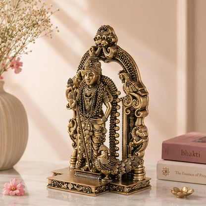 Brass Standing Lord Murugan Murti with Peacock Vahana (8 Inch)