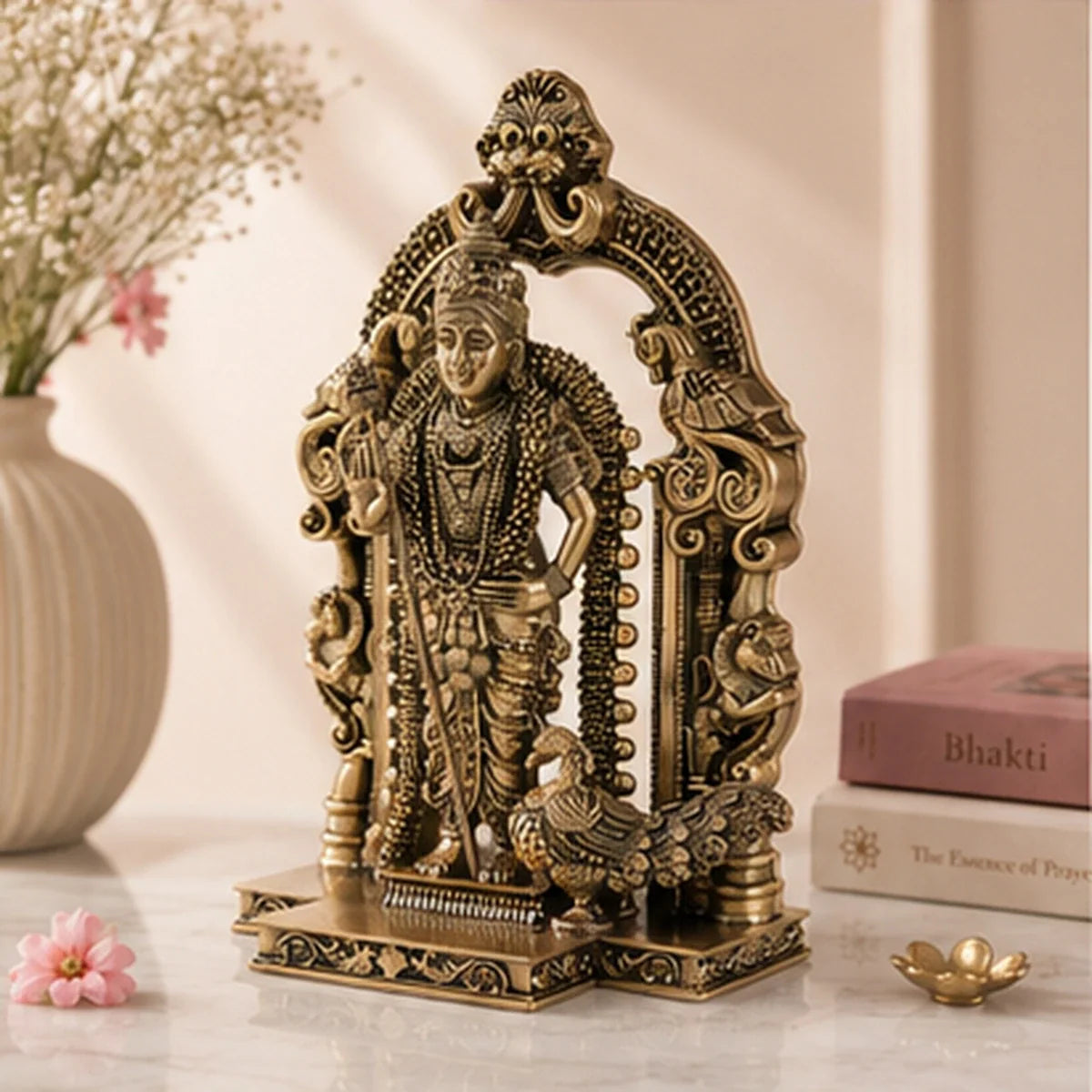 Brass Standing Lord Murugan Murti with Peacock Vahana (8 Inch)