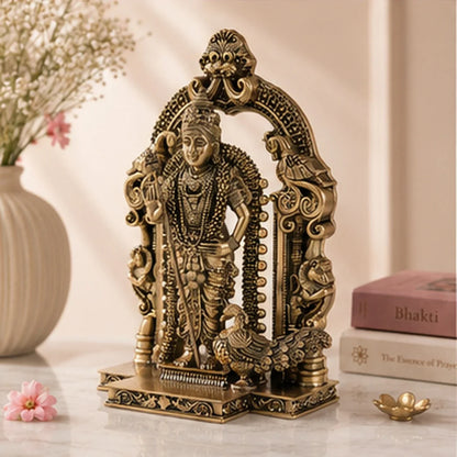 Brass Standing Lord Murugan Murti with Peacock Vahana (8 Inch)
