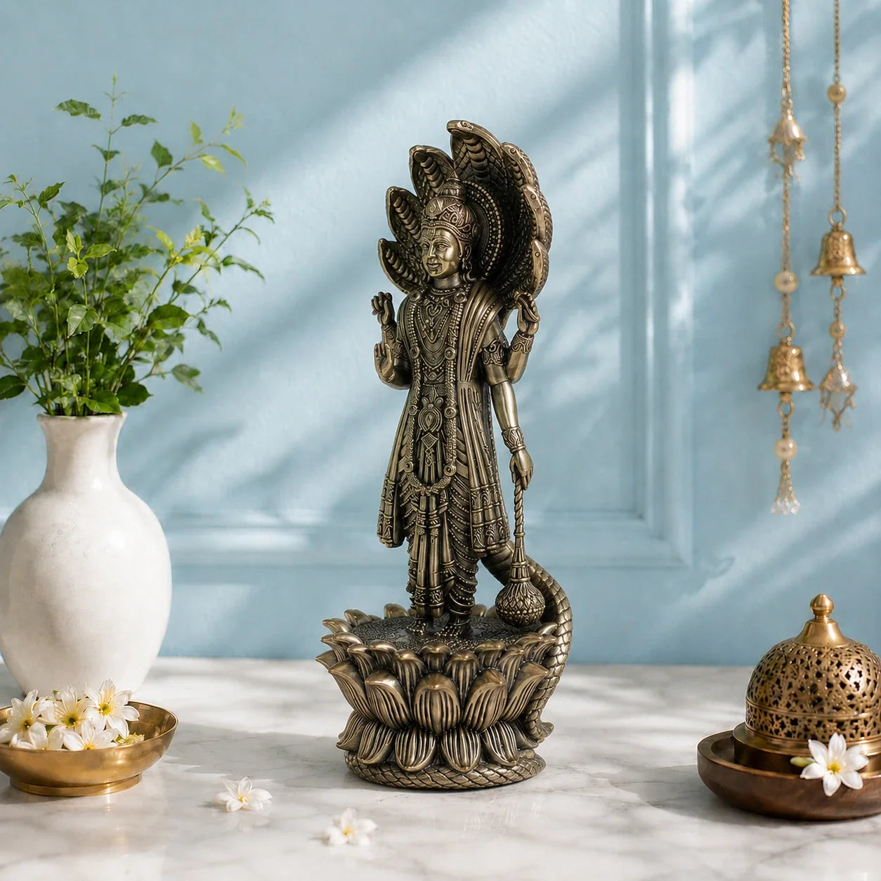 Brass Standing Vishnu Murti with Seven-Headed Sheshnag (11 Inch)