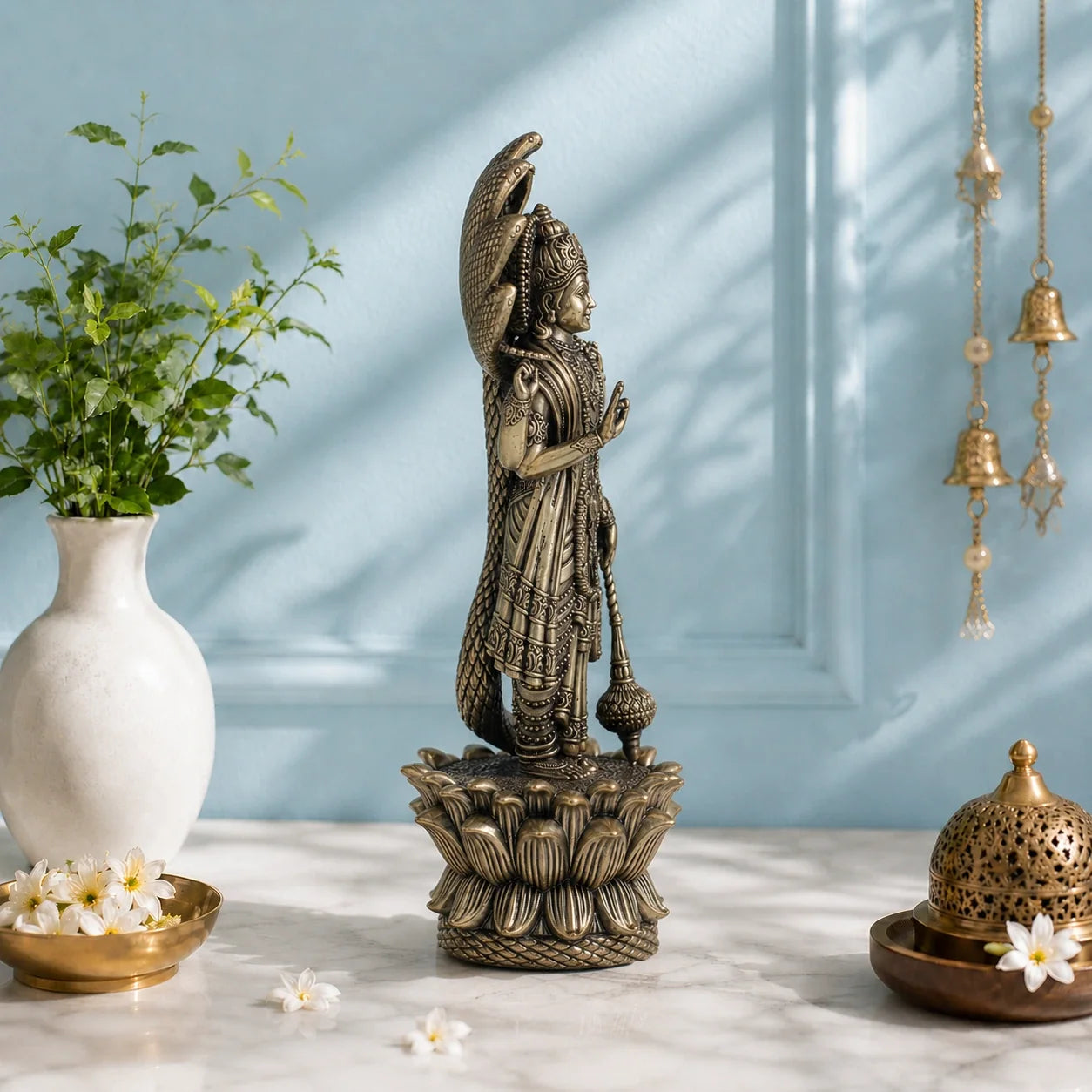 Brass Standing Vishnu Murti with Seven-Headed Sheshnag (11 Inch)