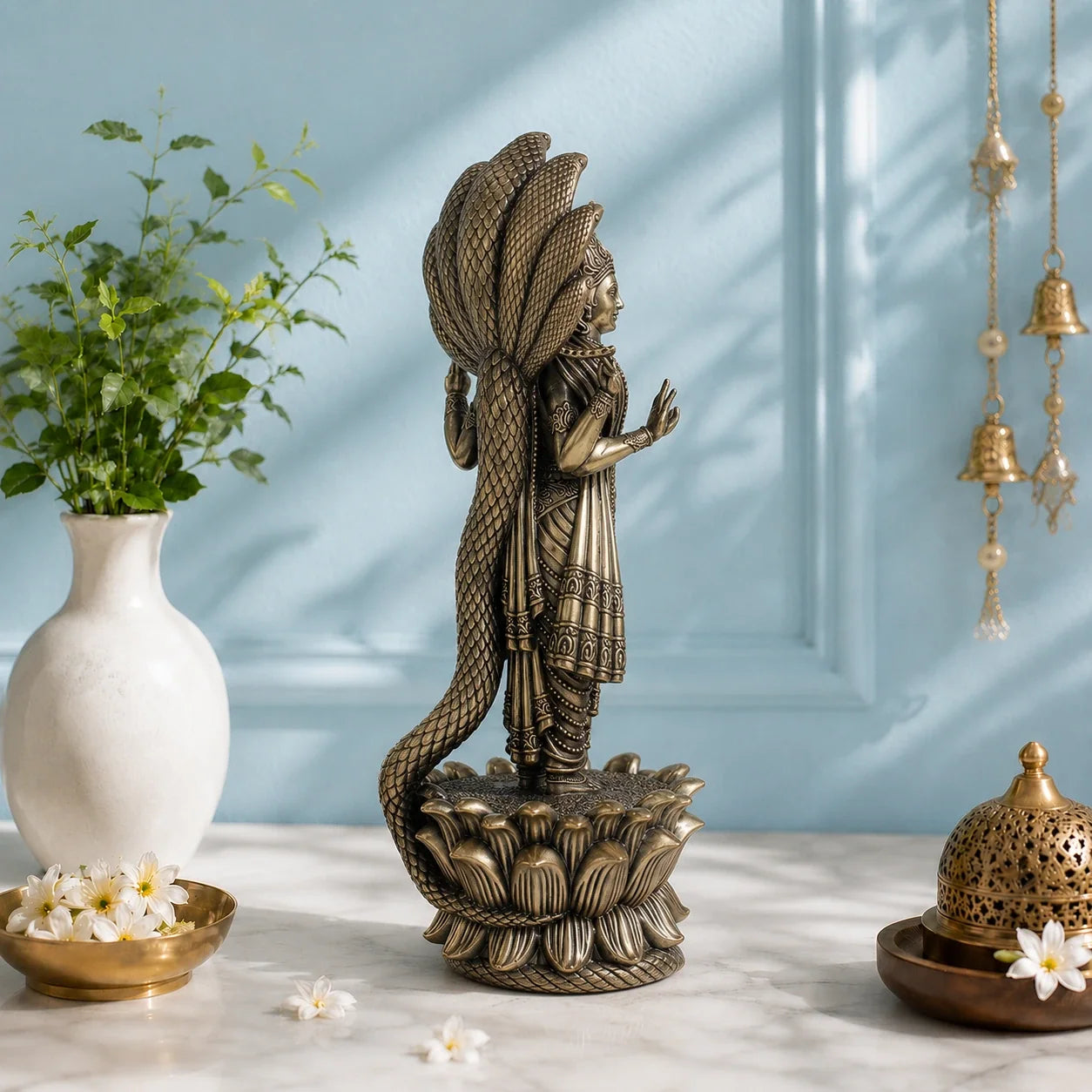 Brass Standing Vishnu Murti with Seven-Headed Sheshnag (11 Inch)