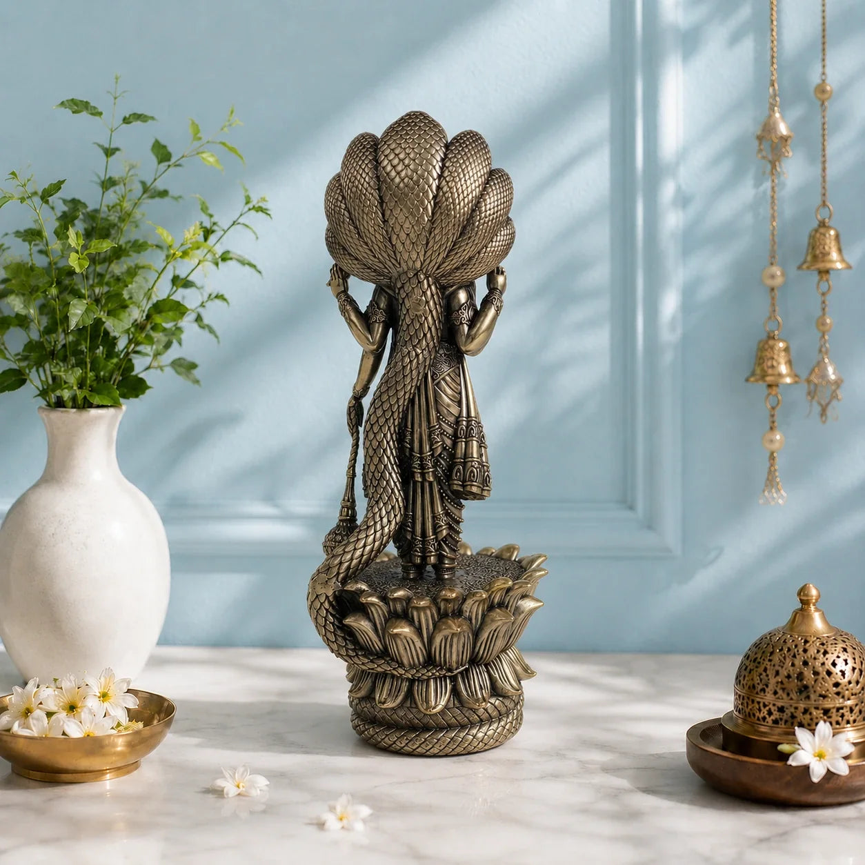 Brass Standing Vishnu Murti with Seven-Headed Sheshnag (11 Inch)