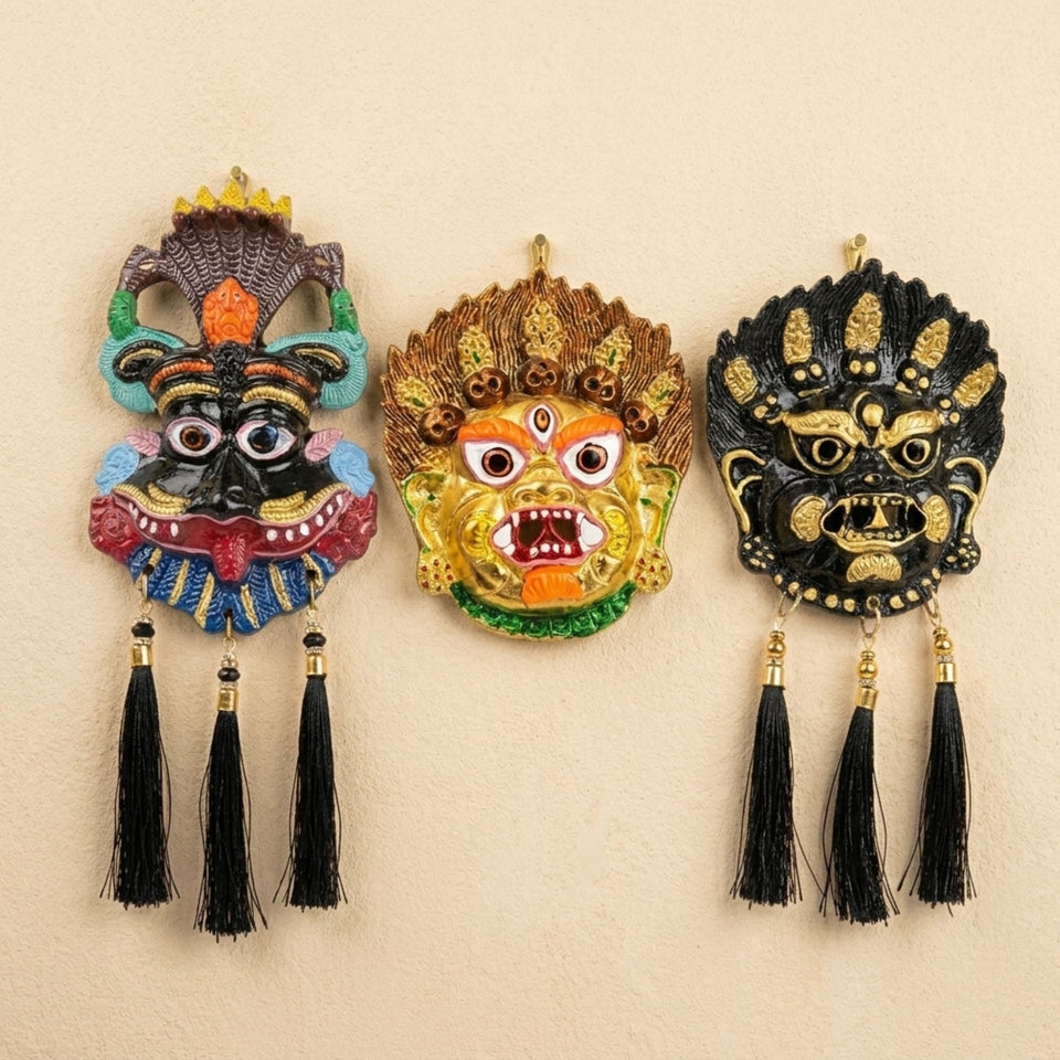 Narsingh Kirtimukh Divine Combo (Set of 3) – Black Tassel & Golden Glow Protection Decor