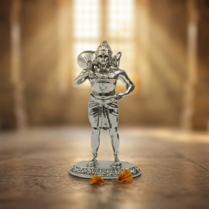 Standing Hanuman Ji Silver Finish Brass Idol | Bajrangbali Murti with Gada for Home & Office