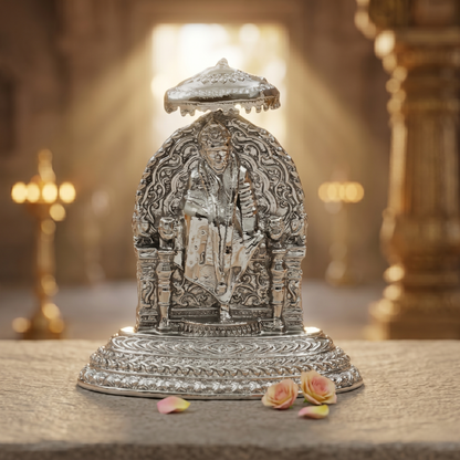Shirdi Sai Baba Idol with Ornate Back Panel & Chhatra – Handcrafted Murti for Pooja & Gifting