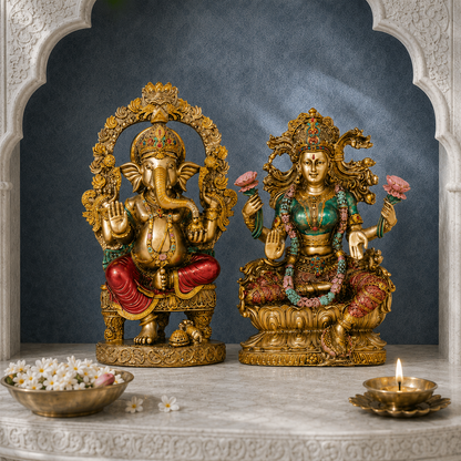 Ganesh Lakshmi Murti Pair – Antique Finish, 10 Inch