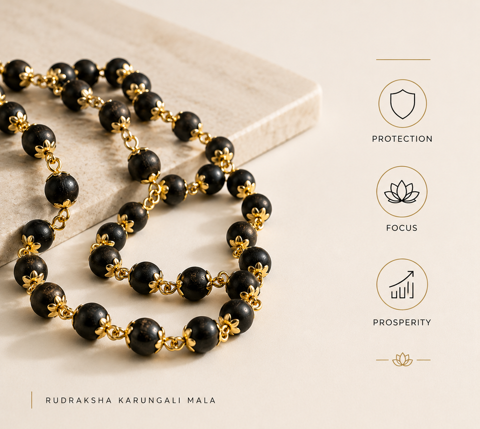 Gold Plated Eternal Karungali Mala - Natural Ebony Wood(54 beads, 8mm)