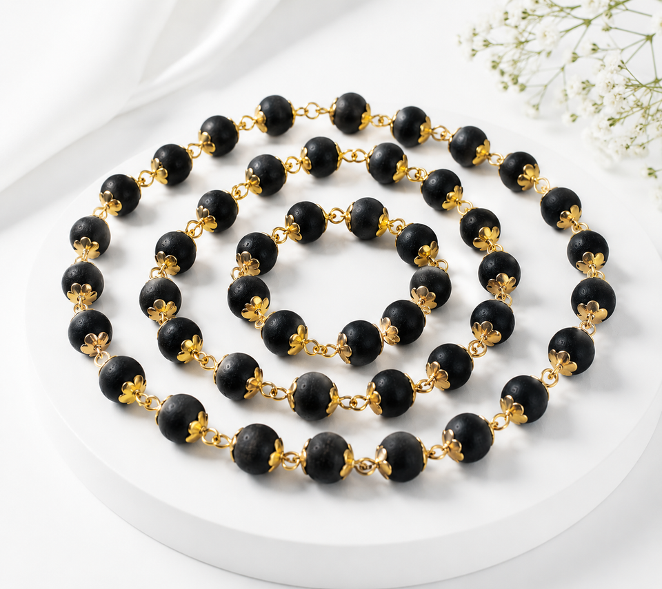 Gold Plated Eternal Karungali Mala - Natural Ebony Wood(54 beads, 8mm)
