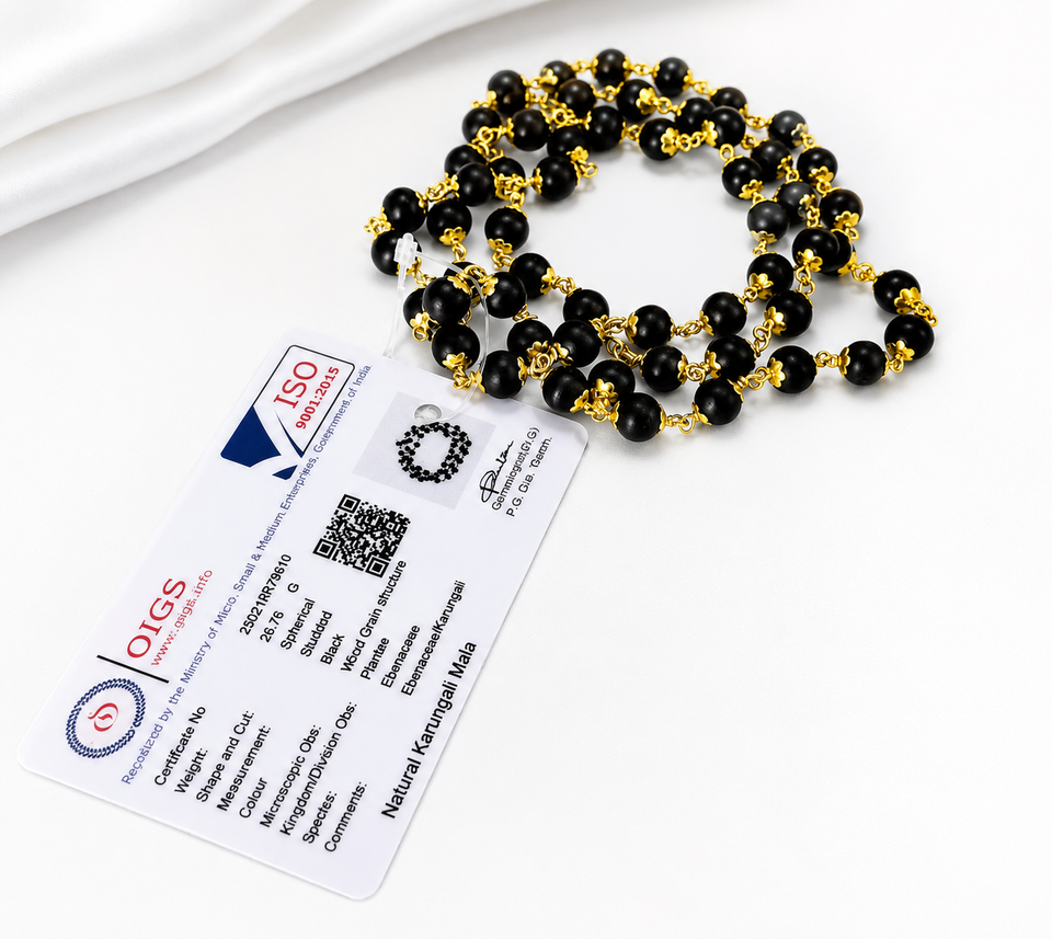 Gold Plated Eternal Karungali Mala - Natural Ebony Wood(54 beads, 8mm)