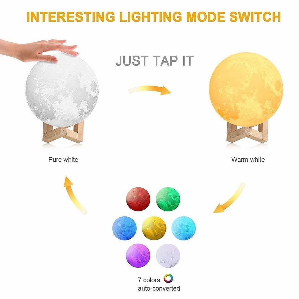 3D Rechargeable Moon Lamp with Touch Sensor – Night Light & Home Decor