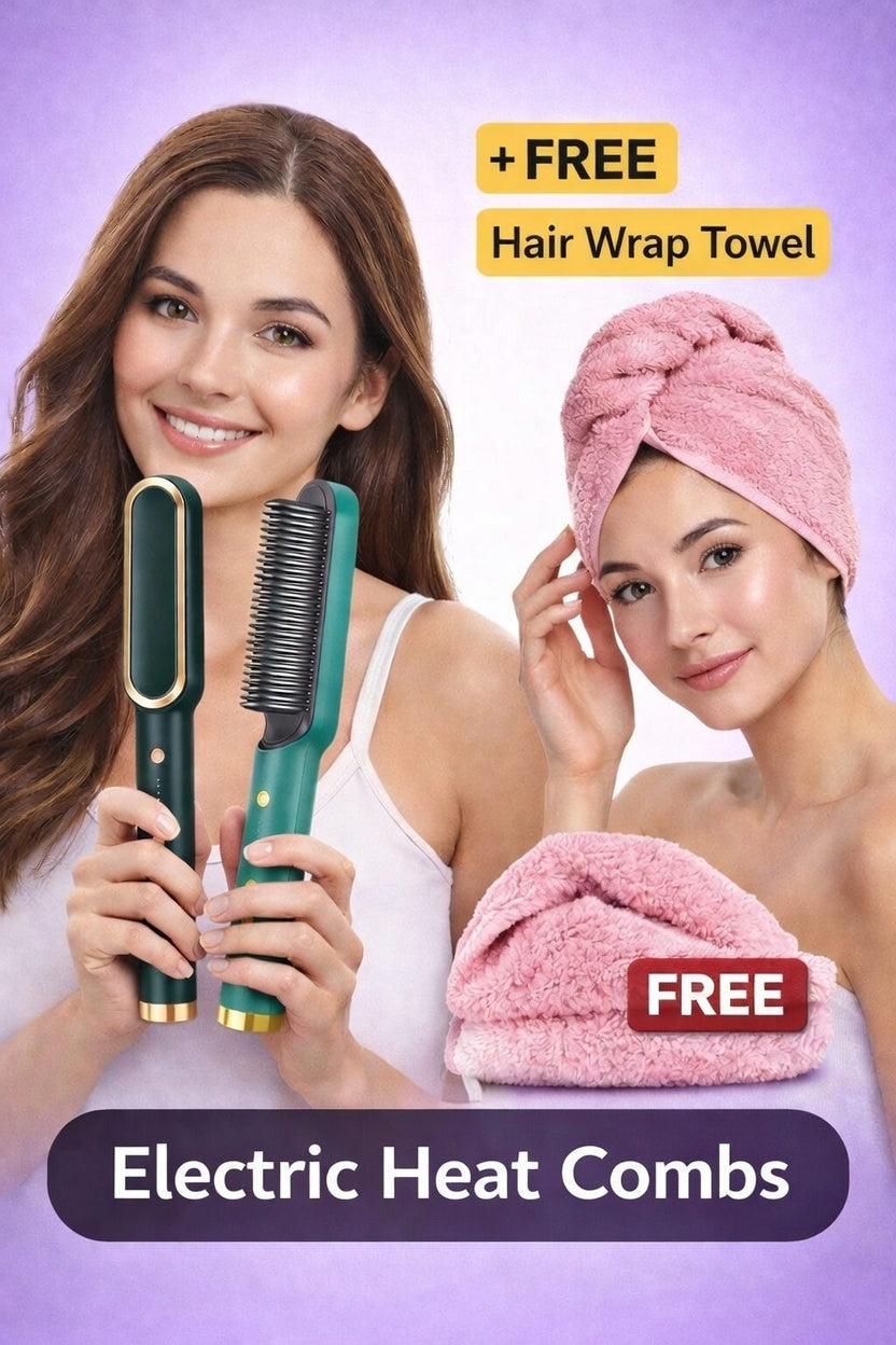 Hair Straightener Comb + 1 FREE Microfiber Hair Wrap Towel (Salon-at-Home Kit)