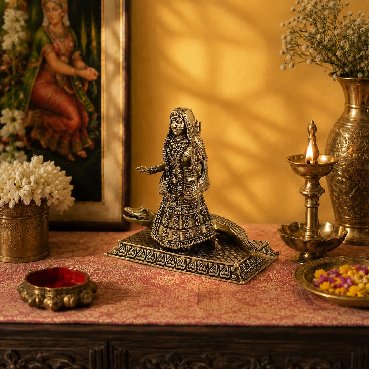 Brass Khodiyar Mata Murti with Trishul & Crocodile Vahana (4.2 Inch)