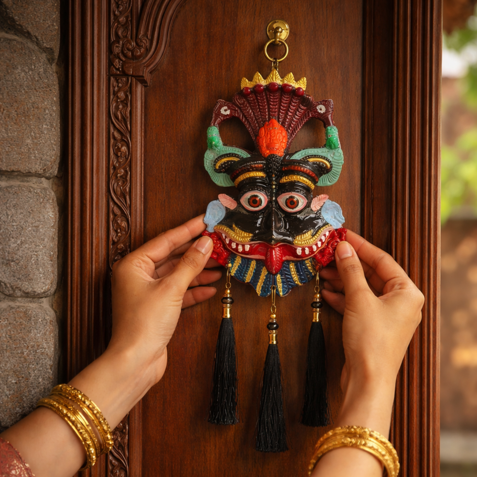 Kirtimukh Wall Hanging | NAZARBATTU |Narsingh face| Black Multicolour | With Tassel