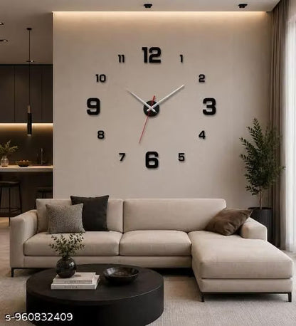 Large adjustable 3D Frameless Wall Clock Stickers DIY Wall Decoration for Living Room Bedroom Office (Black)