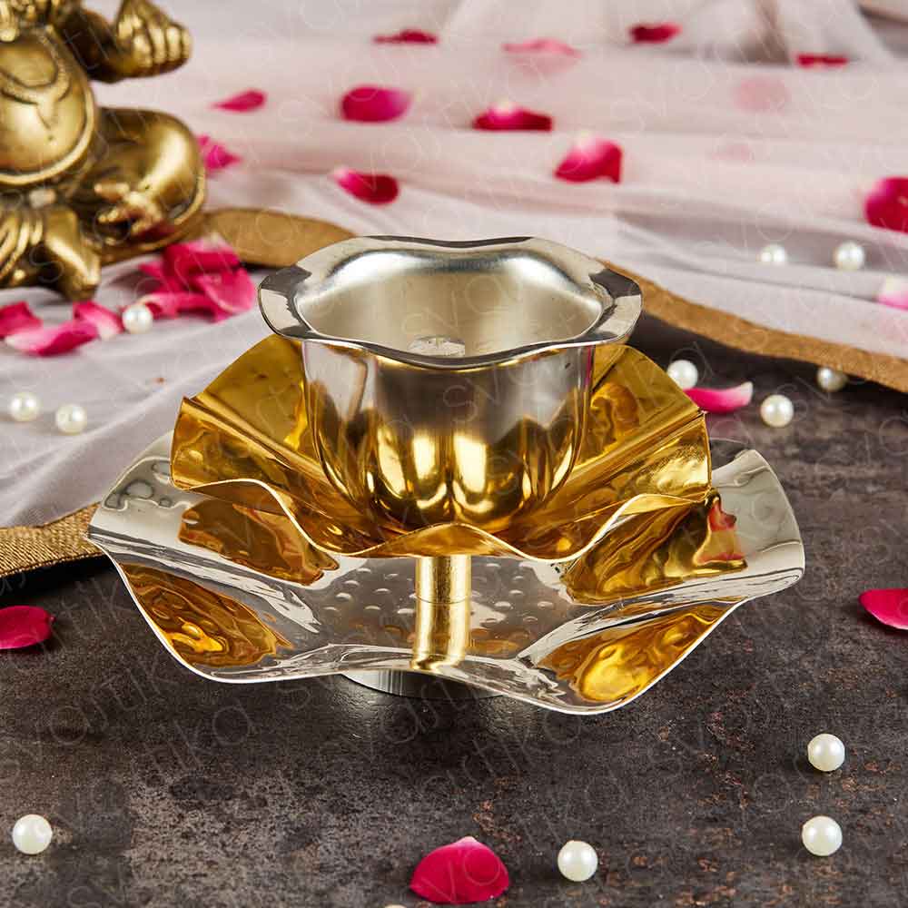 Brass Lotus Shaped Diya - Gold & Silver Finish (4 Inch)