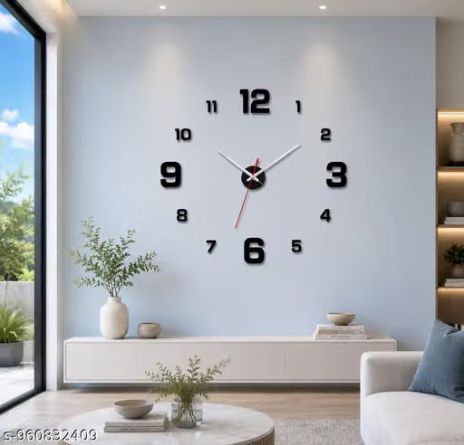 Large adjustable 3D Frameless Wall Clock Stickers DIY Wall Decoration for Living Room Bedroom Office (Black)