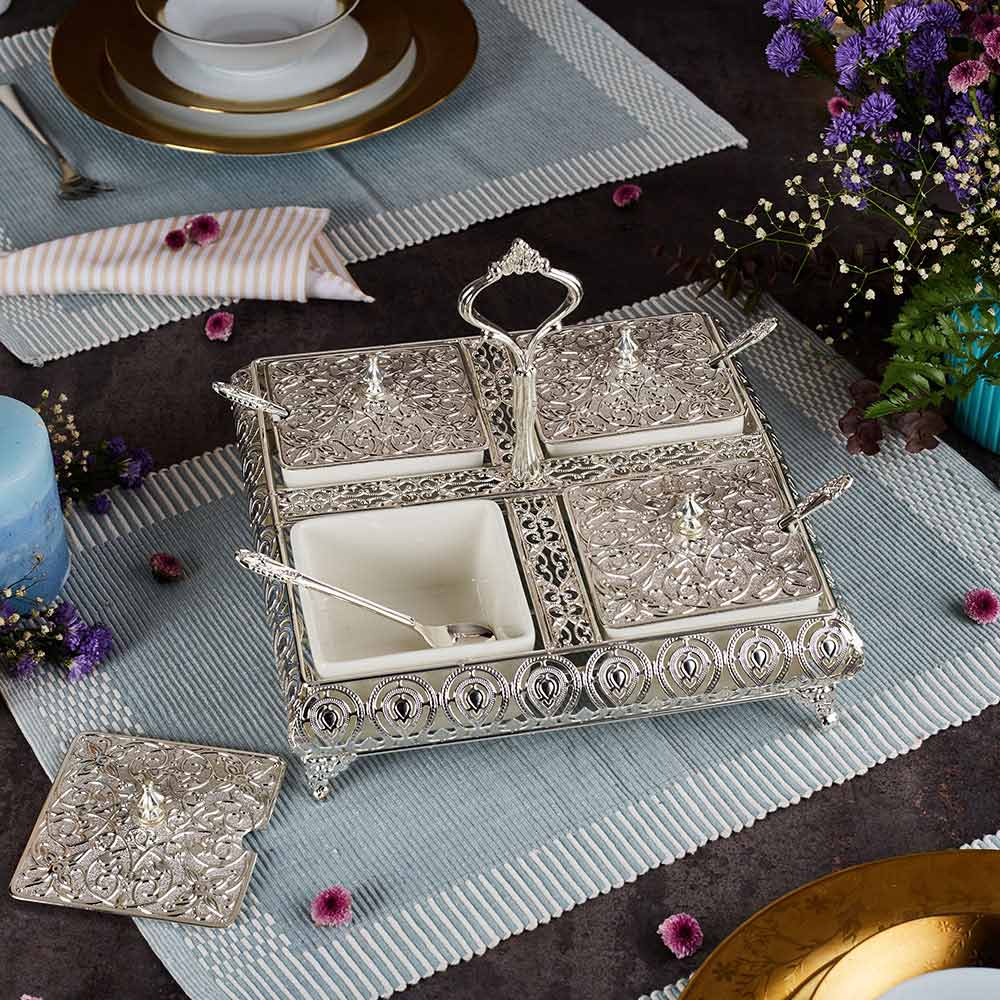 Mukhwas Bowl with Tray - German Silver Plated (Four Bowl)