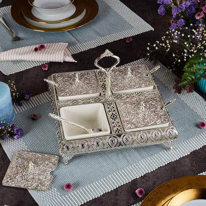Mukhwas Bowl with Tray - German Silver Plated (Four Bowl)