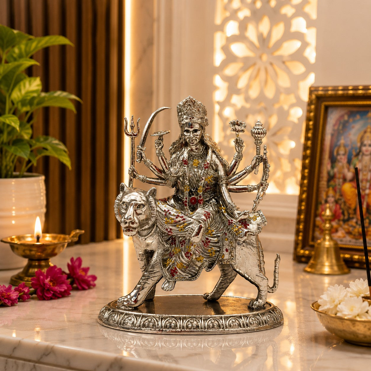 Maa Durga Idol in Brass with Silver Finish | Sherawali Mata Murti for Home Temple, Office & Car Dashboard (94mm)