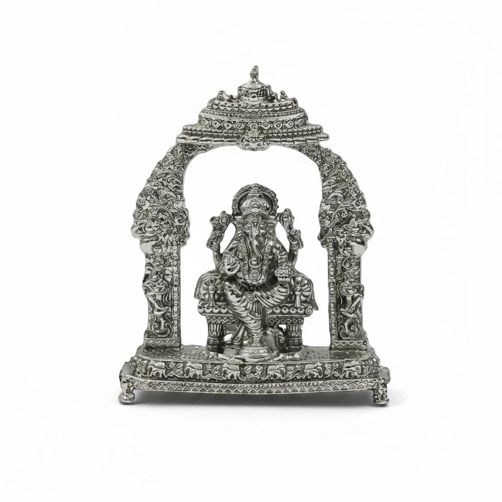 Divine Lord Ganesha Idol with Ornate Arch – Handcrafted Vighnaharta Murti for Pooja & Gifting