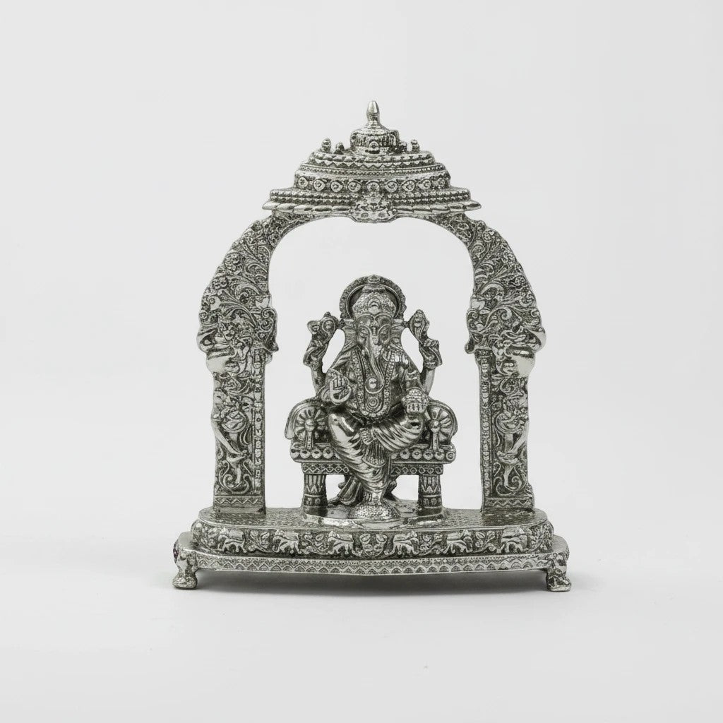 Divine Lord Ganesha Idol with Ornate Arch – Handcrafted Vighnaharta Murti for Pooja & Gifting