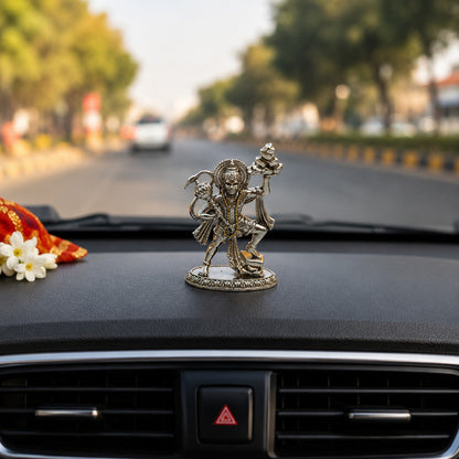 Veer Hanuman Ji Idol Carrying Sanjeevani Mountain | Premium Brass Murti with Silver Finish | Hanuman Statue for Home Temple
