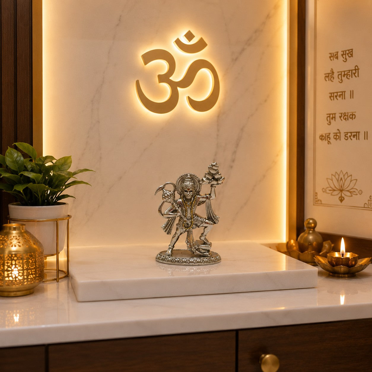 Veer Hanuman Ji Idol Carrying Sanjeevani Mountain | Premium Brass Murti with Silver Finish | Hanuman Statue for Home Temple