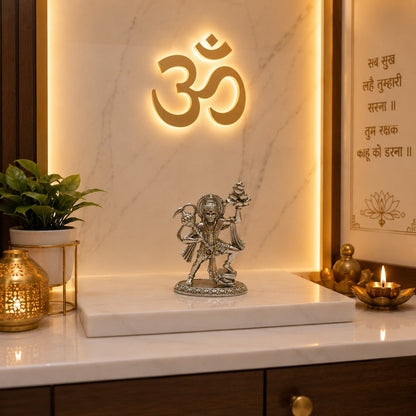 Veer Hanuman Ji Idol Carrying Sanjeevani Mountain | Premium Brass Murti with Silver Finish | Hanuman Statue for Home Temple