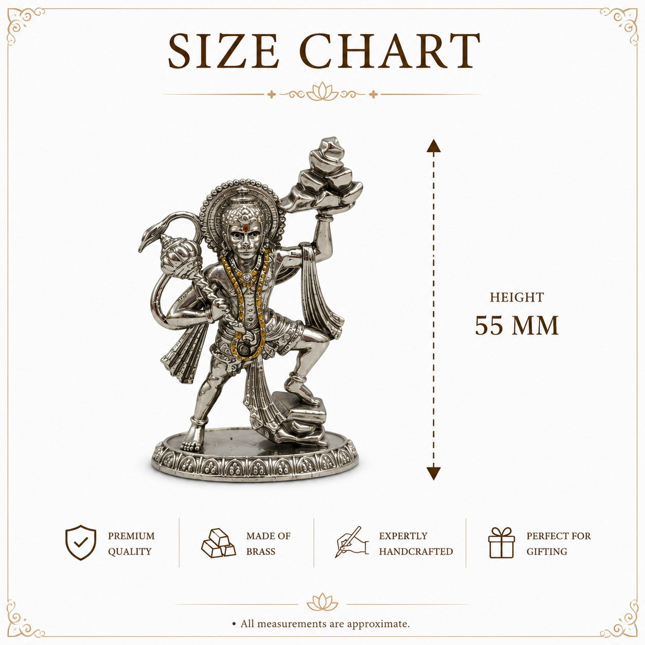 Veer Hanuman Ji Idol Carrying Sanjeevani Mountain | Premium Brass Murti with Silver Finish | Hanuman Statue for Home Temple