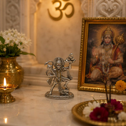 Veer Hanuman Ji Idol Carrying Sanjeevani Mountain | Premium Brass Murti with Silver Finish | Hanuman Statue for Home Temple