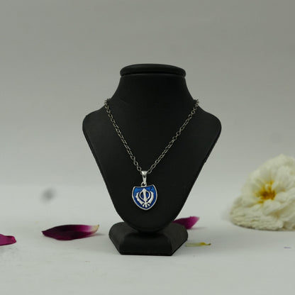 Sacred Khanda Shield Spiritual Brass Pendant with Blue Enamel & Silver Finish