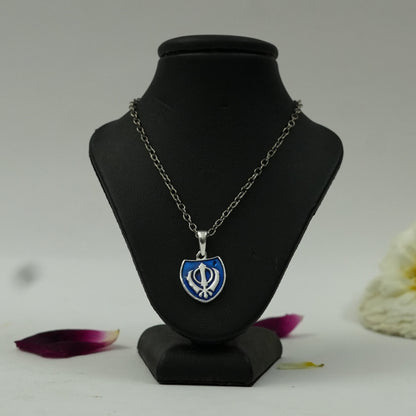 Sacred Khanda Shield Spiritual Brass Pendant with Blue Enamel & Silver Finish