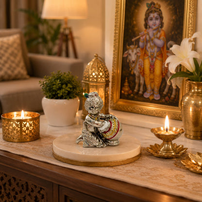 Laddu Gopal Makhan Chor Idol | Premium Brass Krishna Murti with Silver Finish